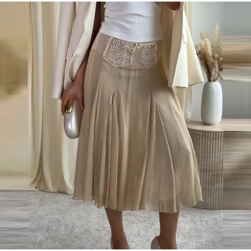 2026 Spring Summer Solid Sheer Chiffon Skirt Lace Slim Waist Pleated A-line Applique Midi Skirts Elegant Fashion Women Outfits