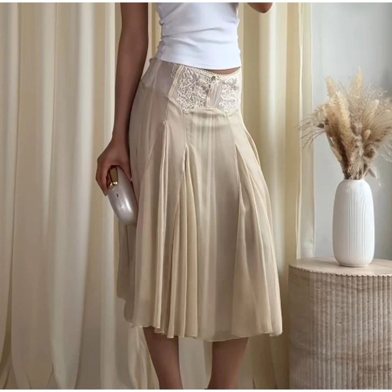 2026 Spring Summer Solid Sheer Chiffon Skirt Lace Slim Waist Pleated A-line Applique Midi Skirts Elegant Fashion Women Outfits