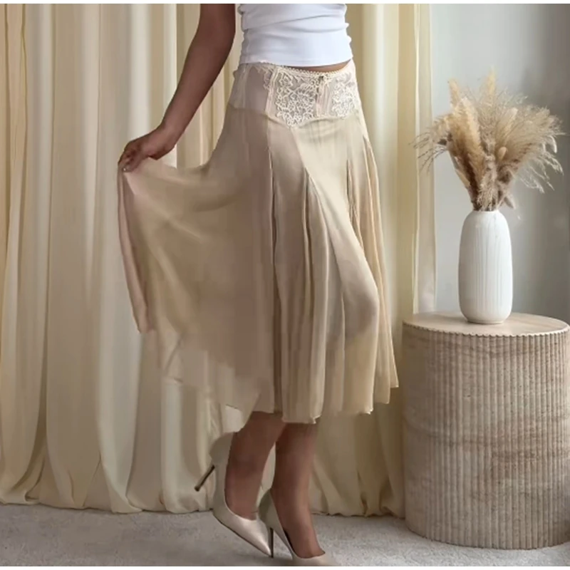 2026 Spring Summer Solid Sheer Chiffon Skirt Lace Slim Waist Pleated A-line Applique Midi Skirts Elegant Fashion Women Outfits