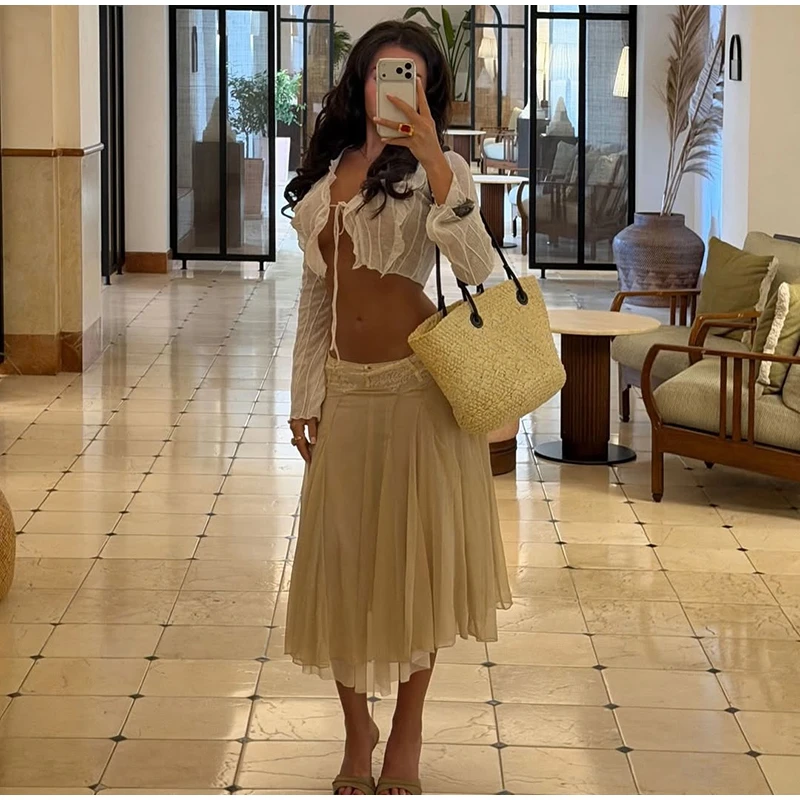 2026 Spring Summer Solid Sheer Chiffon Skirt Lace Slim Waist Pleated A-line Applique Midi Skirts Elegant Fashion Women Outfits