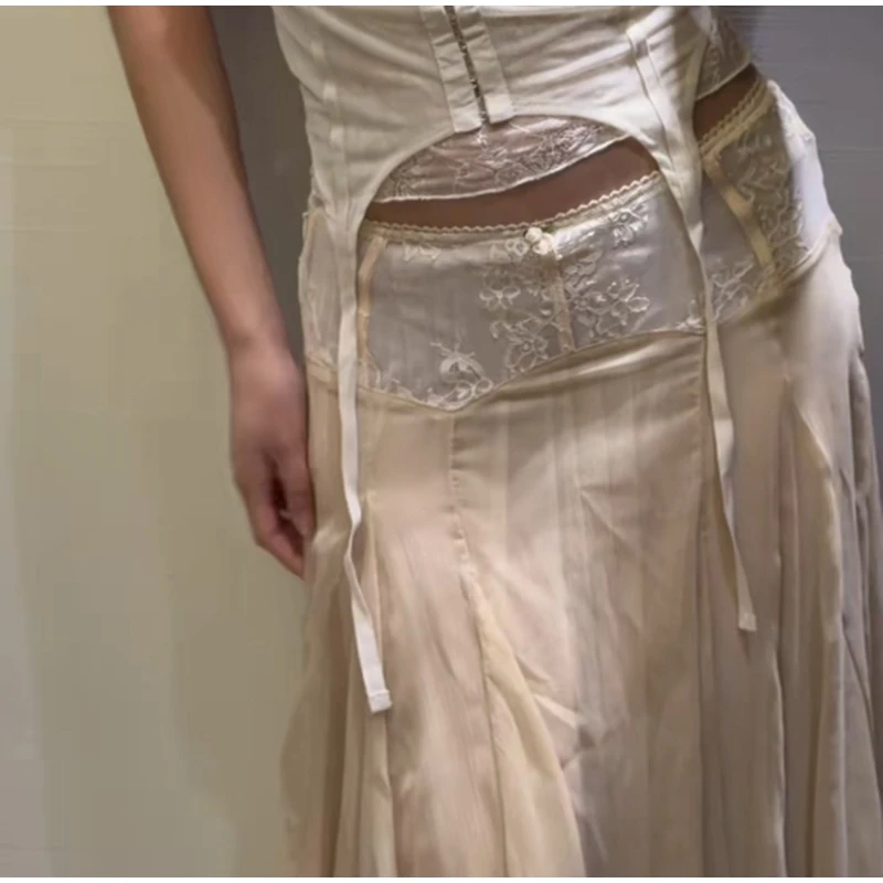 2026 Spring Summer Solid Sheer Chiffon Skirt Lace Slim Waist Pleated A-line Applique Midi Skirts Elegant Fashion Women Outfits