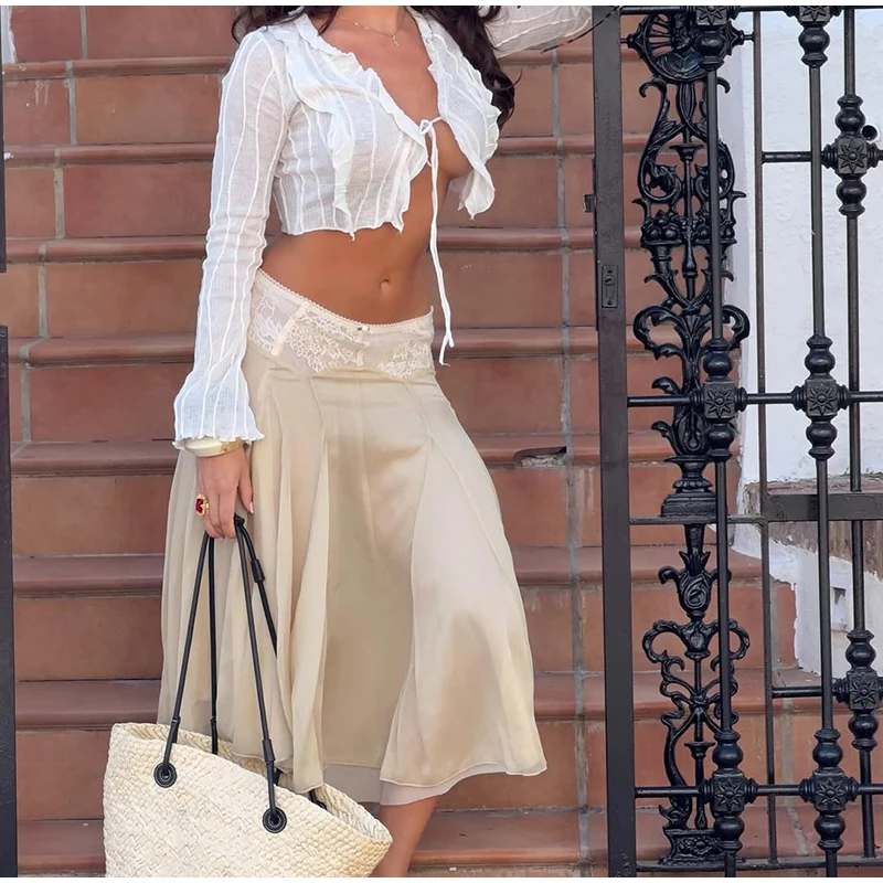2026 Spring Summer Solid Sheer Chiffon Skirt Lace Slim Waist Pleated A-line Applique Midi Skirts Elegant Fashion Women Outfits