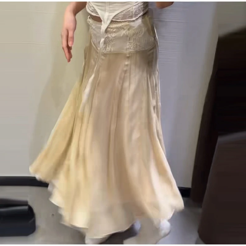 2026 Spring Summer Solid Sheer Chiffon Skirt Lace Slim Waist Pleated A-line Applique Midi Skirts Elegant Fashion Women Outfits