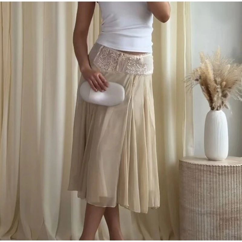 2026 Spring Summer Solid Sheer Chiffon Skirt Lace Slim Waist Pleated A-line Applique Midi Skirts Elegant Fashion Women Outfits