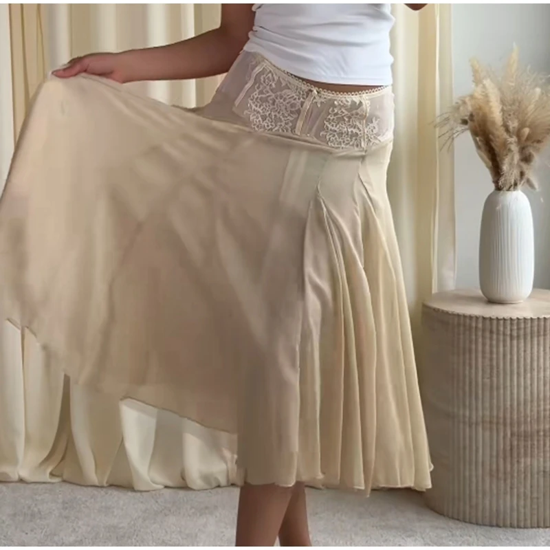 2026 Spring Summer Solid Sheer Chiffon Skirt Lace Slim Waist Pleated A-line Applique Midi Skirts Elegant Fashion Women Outfits