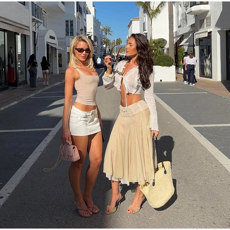 2026 Spring Summer Solid Sheer Chiffon Skirt Lace Slim Waist Pleated A-line Applique Midi Skirts Elegant Fashion Women Outfits