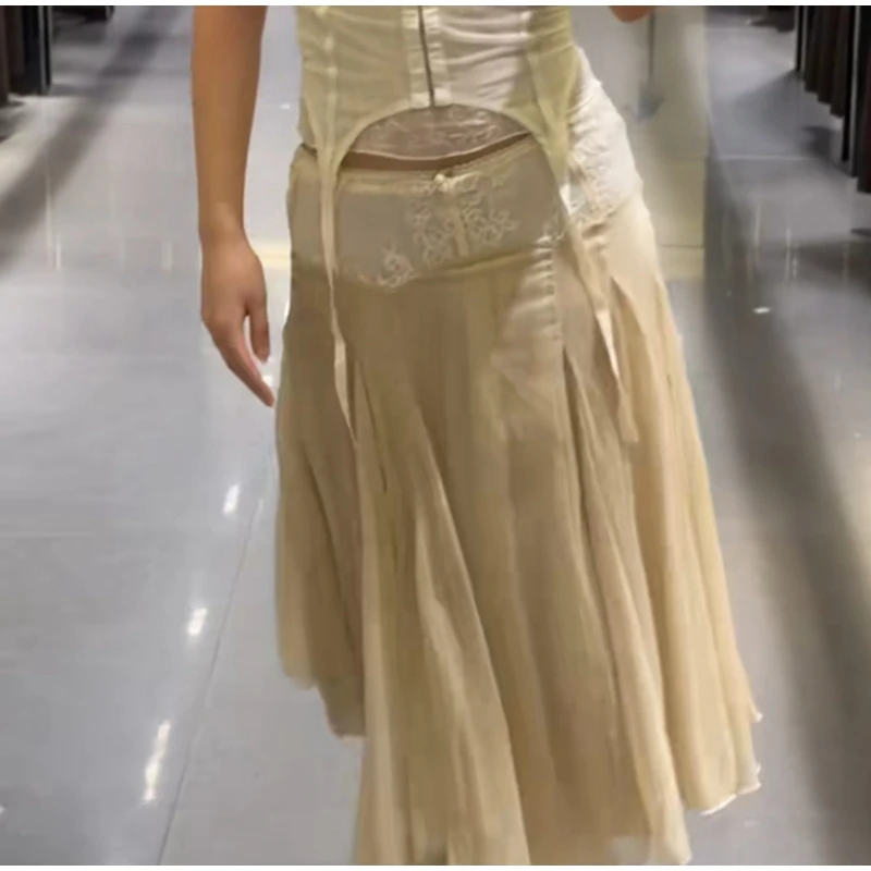 2026 Spring Summer Solid Sheer Chiffon Skirt Lace Slim Waist Pleated A-line Applique Midi Skirts Elegant Fashion Women Outfits
