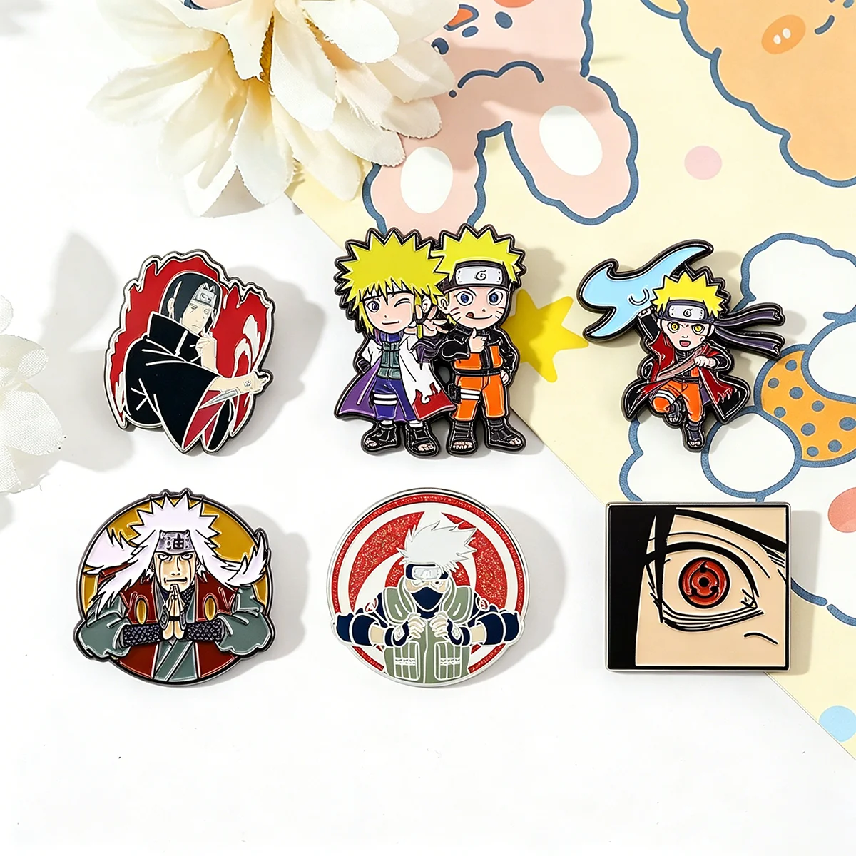 6Pcs/Set Anime Character Enamel Brooch Cartoon Uchiha Itachi Kakashi Jiraiya Metal Badge Lapel Pin Cosplay Accessories Fan Gifts