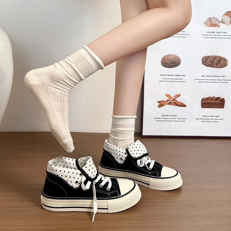 New High Help Canvas Shoes Dots Women's Casual Shoes Woman Vulcanize Sneakers Comfortable Sport Walking Platform Flats Shoes 015