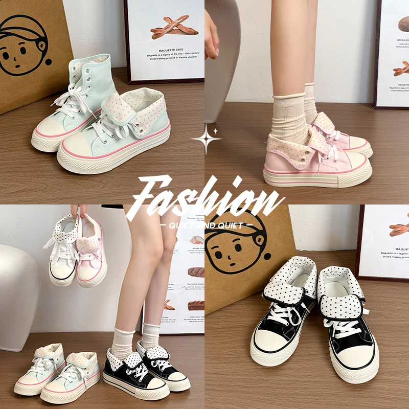 New High Help Canvas Shoes Dots Women's Casual Shoes Woman Vulcanize Sneakers Comfortable Sport Walking Platform Flats Shoes 015