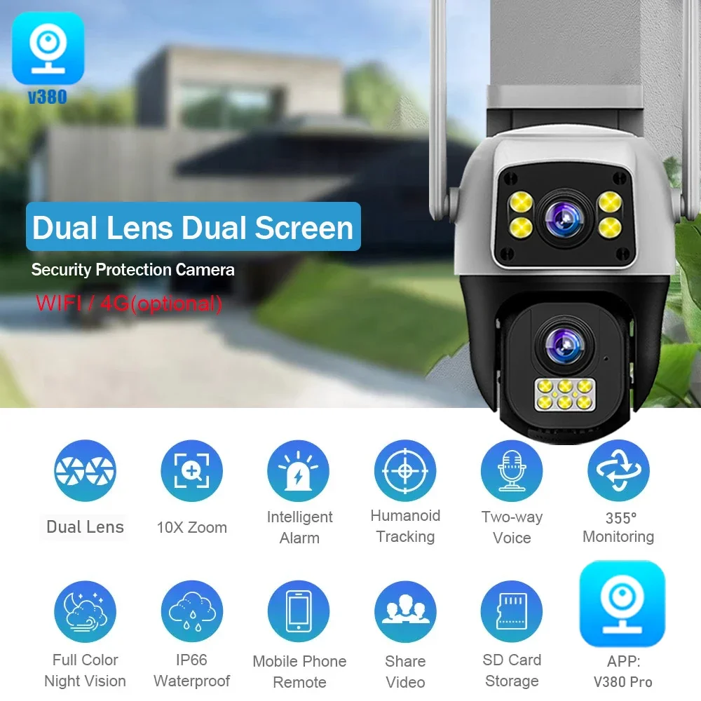 8MP 4G Sim Card Camera Dual Lens Dual Screen Wireless WiFi Outdoor Surveillance Cam Human Detect Security Protection PTZ IP Cam