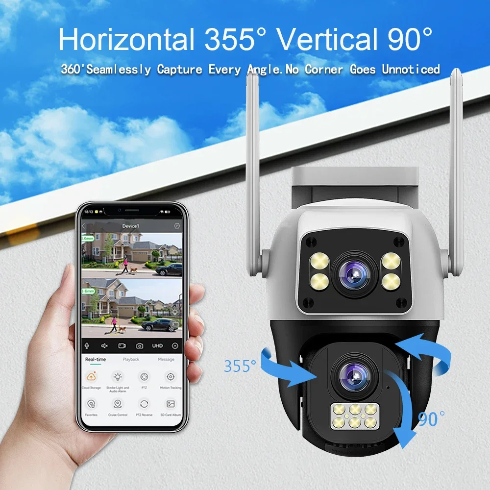 8MP 4G Sim Card Camera Dual Lens Dual Screen Wireless WiFi Outdoor Surveillance Cam Human Detect Security Protection PTZ IP Cam