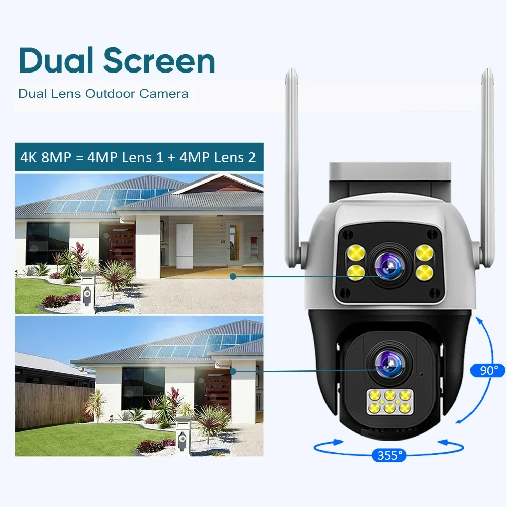 8MP 4G Sim Card Camera Dual Lens Dual Screen Wireless WiFi Outdoor Surveillance Cam Human Detect Security Protection PTZ IP Cam