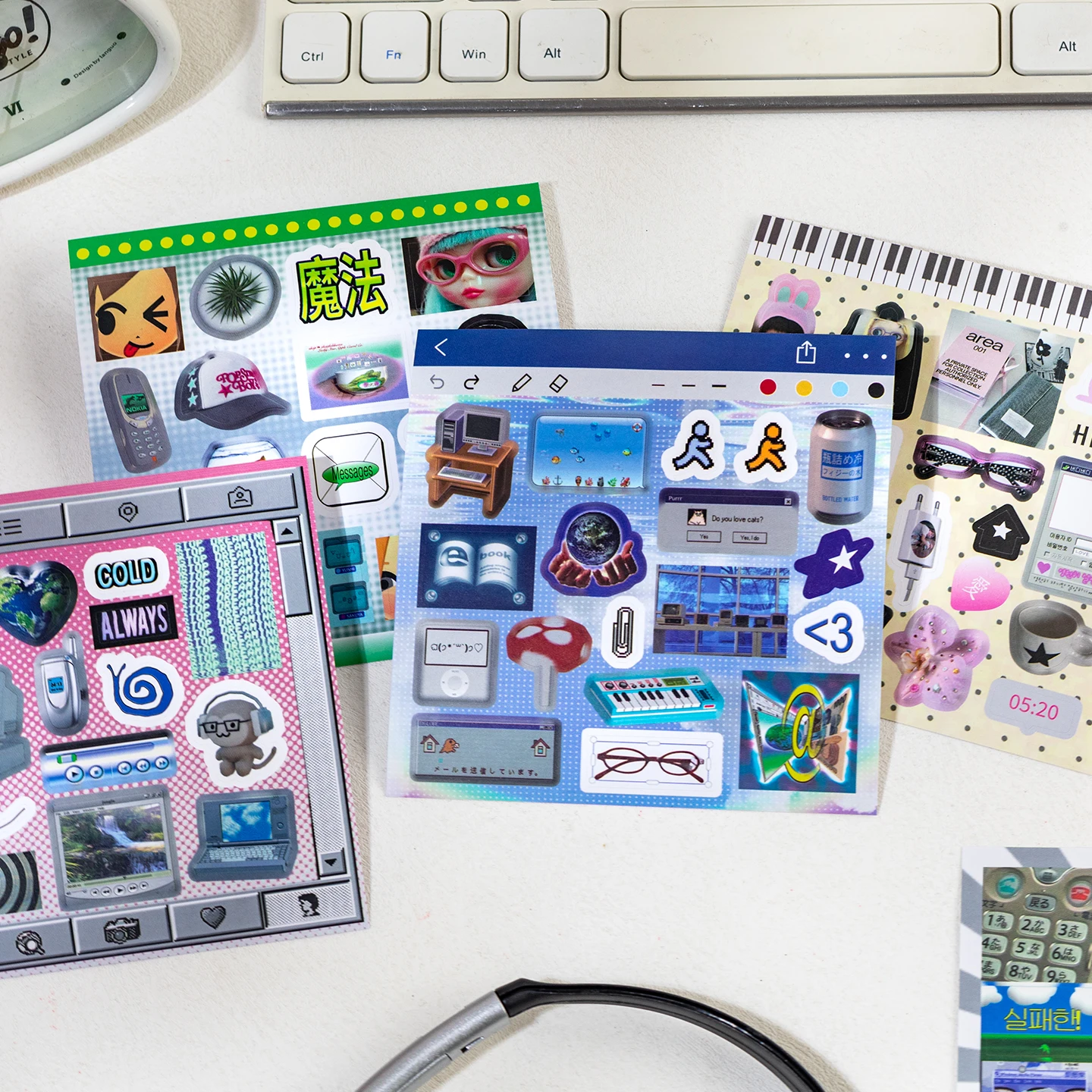 20Pcs Y2K Retro Tech PET Stickers, Vintage Aesthetic Scrapbooking Decals
