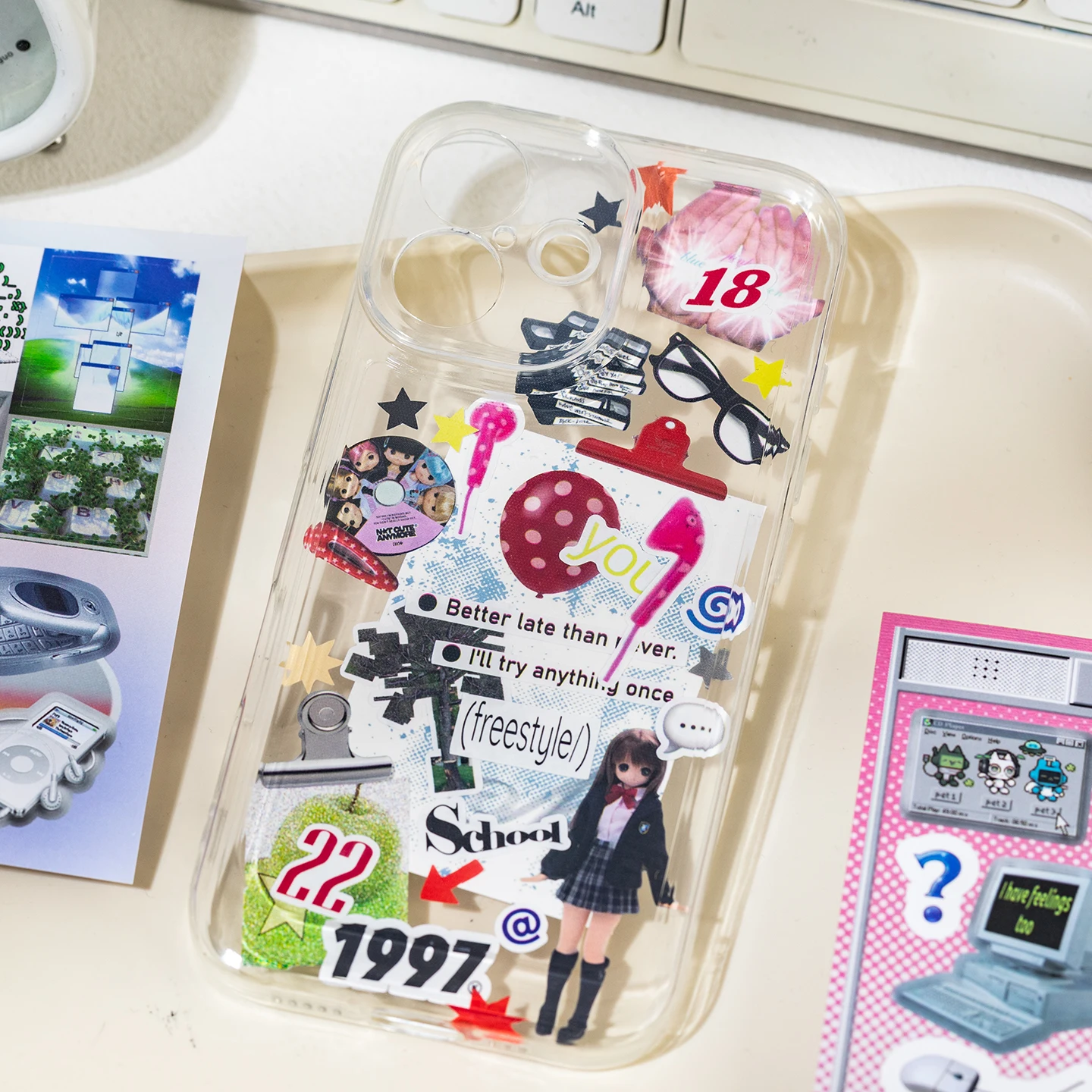 20Pcs Y2K Retro Tech PET Stickers, Vintage Aesthetic Scrapbooking Decals