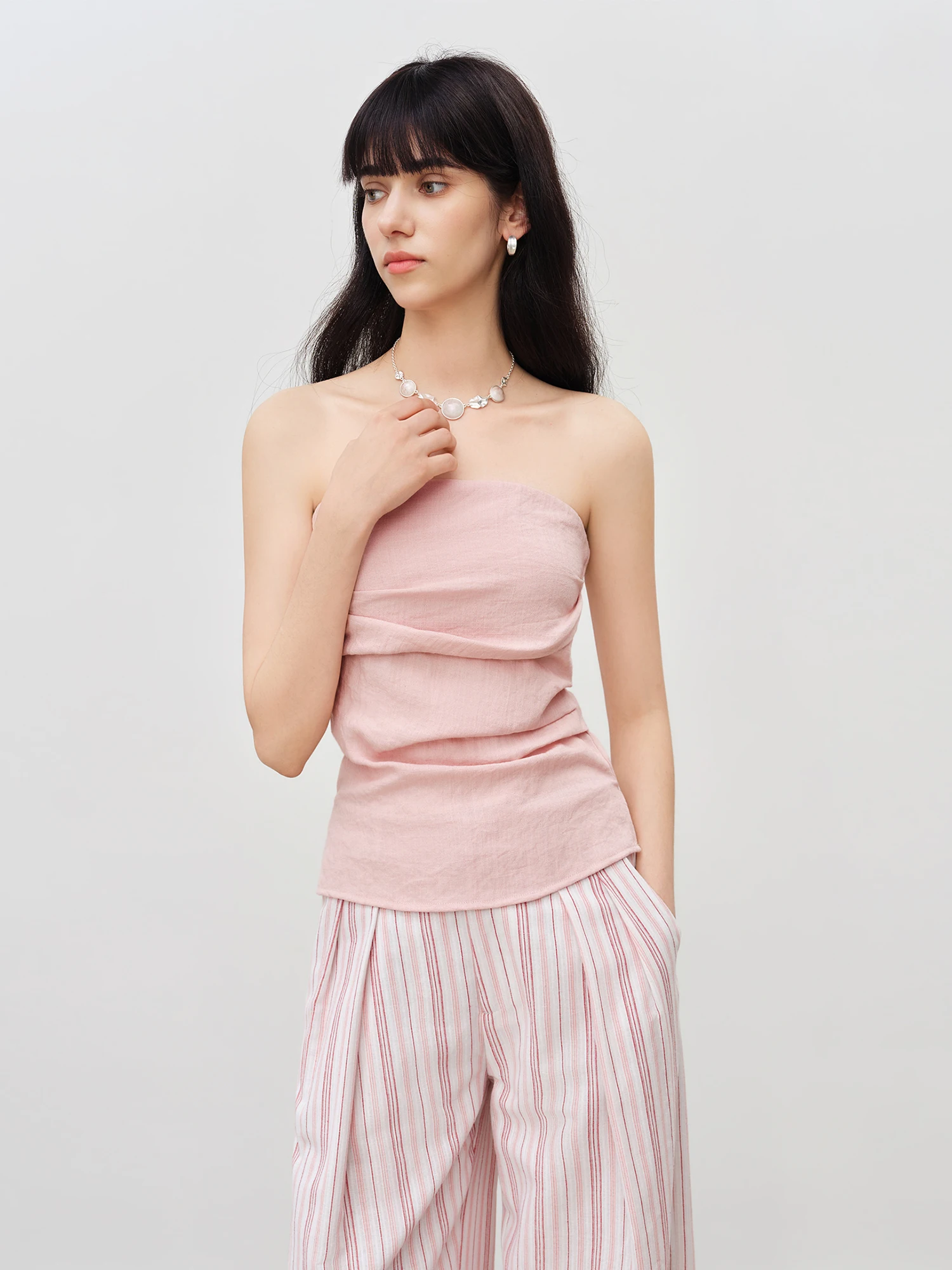 ZIQIAO Women's 2026 Summer New Arrival Vacation Two-Piece Set Bandeau Top & Striped High Waist Casual Pants Slim-Fit Outfit