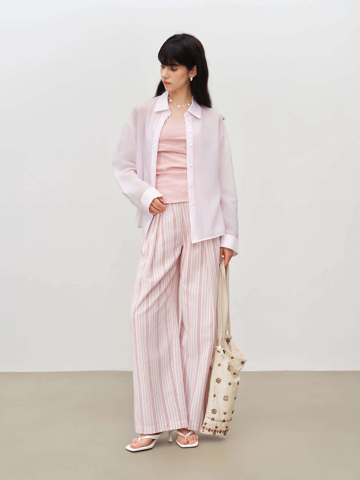 ZIQIAO Women's 2026 Summer New Arrival Vacation Two-Piece Set Bandeau Top & Striped High Waist Casual Pants Slim-Fit Outfit