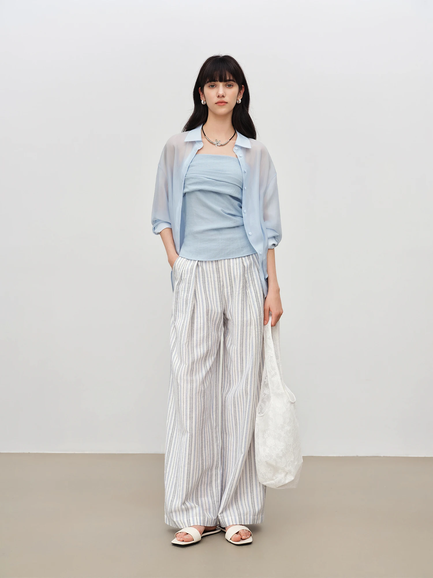ZIQIAO Women's 2026 Summer New Arrival Vacation Two-Piece Set Bandeau Top & Striped High Waist Casual Pants Slim-Fit Outfit