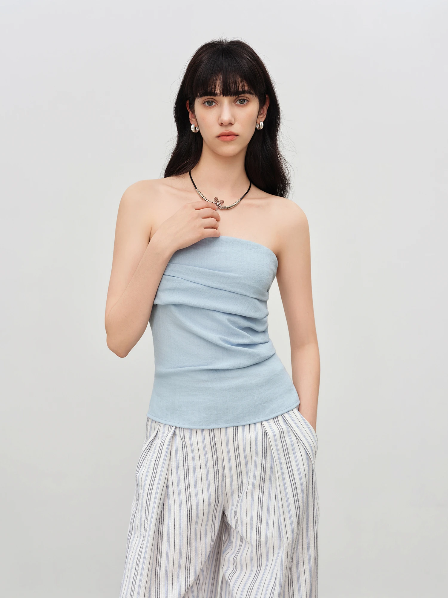 ZIQIAO Women's 2026 Summer New Arrival Vacation Two-Piece Set Bandeau Top & Striped High Waist Casual Pants Slim-Fit Outfit