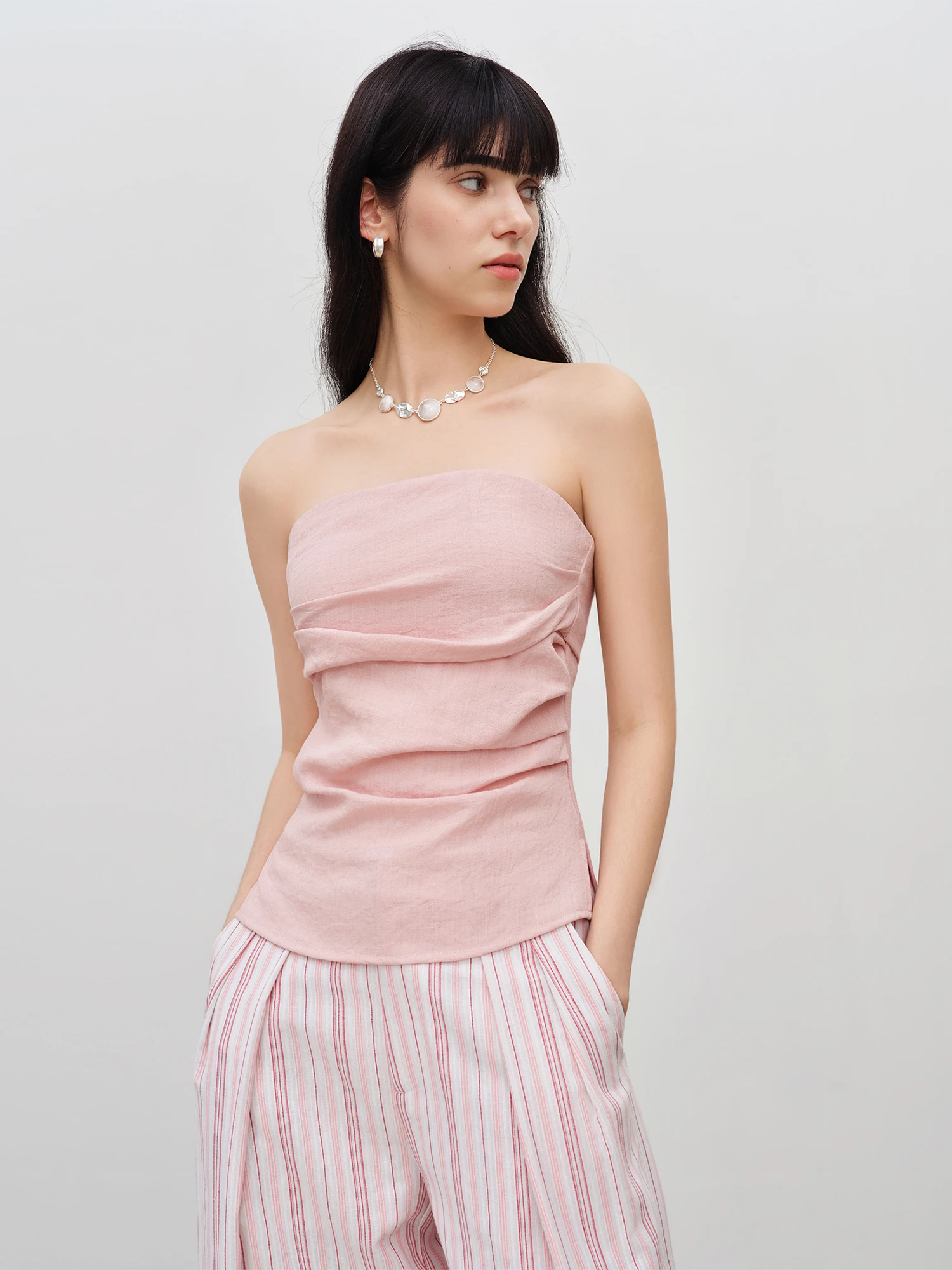 ZIQIAO Women's 2026 Summer New Arrival Vacation Two-Piece Set Bandeau Top & Striped High Waist Casual Pants Slim-Fit Outfit