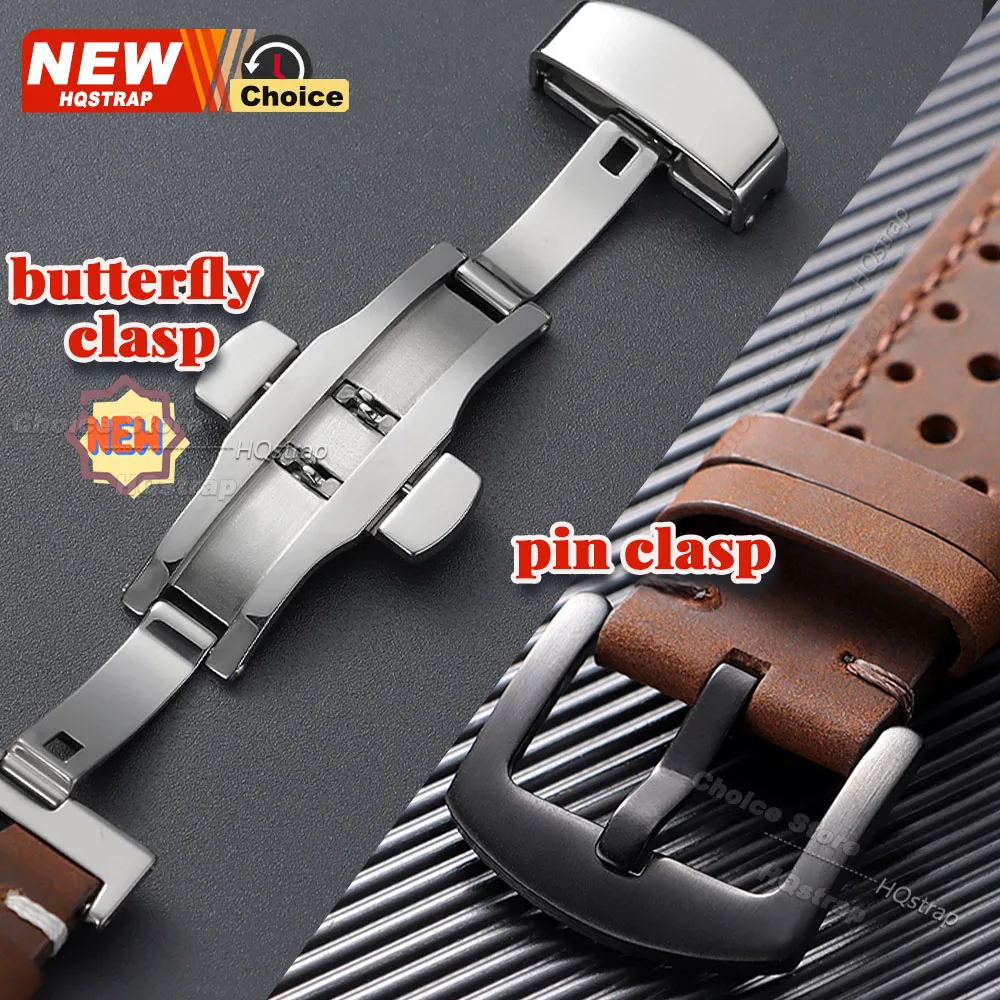 Butterfly Clasp Perforated Breathable Watch Strap 18/19/21/24/20/22mm Smartwatch Leather Vintage Wristband Black Pin Buckle Band
