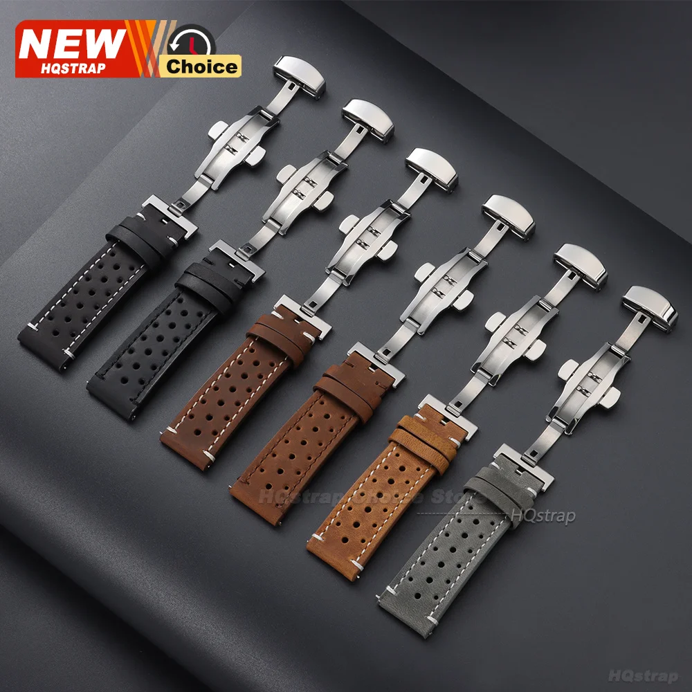 Butterfly Clasp Perforated Breathable Watch Strap 18/19/21/24/20/22mm Smartwatch Leather Vintage Wristband Black Pin Buckle Band