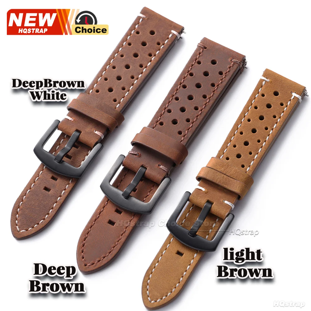Butterfly Clasp Perforated Breathable Watch Strap 18/19/21/24/20/22mm Smartwatch Leather Vintage Wristband Black Pin Buckle Band