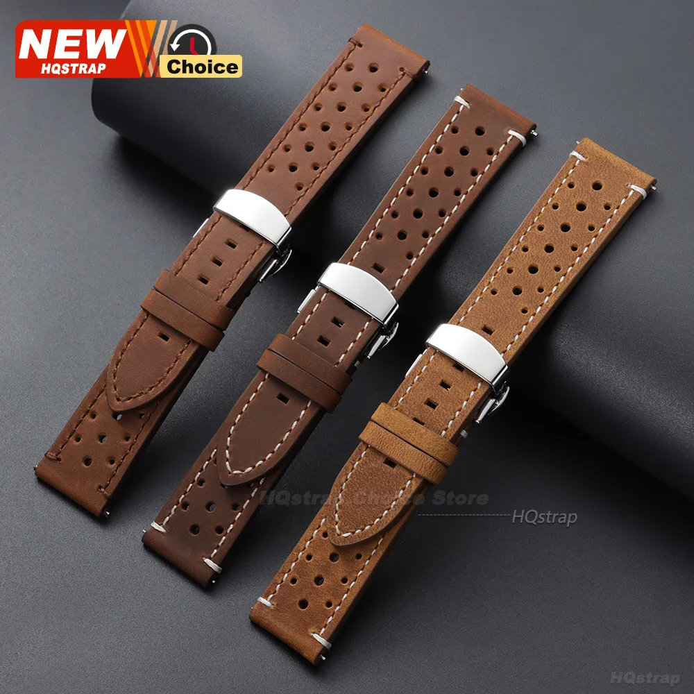 Butterfly Clasp Perforated Breathable Watch Strap 18/19/21/24/20/22mm Smartwatch Leather Vintage Wristband Black Pin Buckle Band