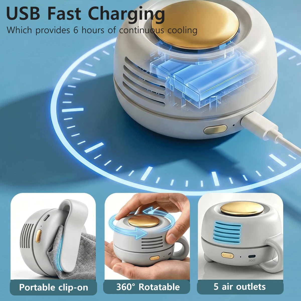 Mini Clip On Fan Portable Wearable Bladeless Fan Rechargeable 360° Rotatable 3-Speed Silent Electric Fans Hands-Free Cooling Fan
