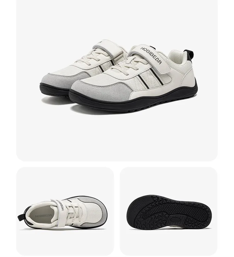 HOBIBEAR Big Kid Wide Width Shoes Barefoot Hook-Loop Artificial Leather Sneakers Lightweight Zero Drop Walking Shoes