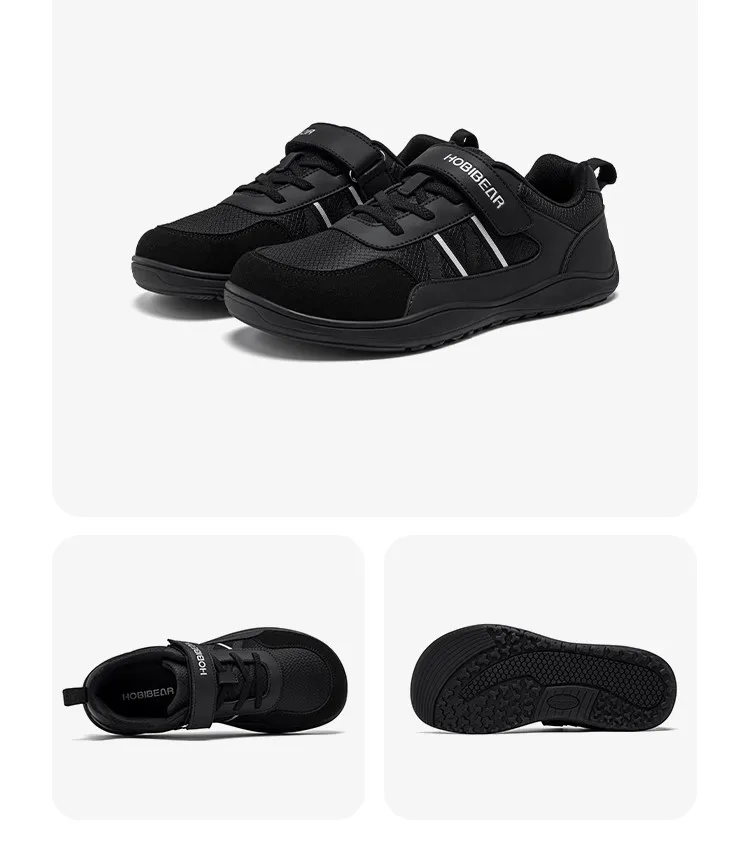 HOBIBEAR Big Kid Wide Width Shoes Barefoot Hook-Loop Artificial Leather Sneakers Lightweight Zero Drop Walking Shoes