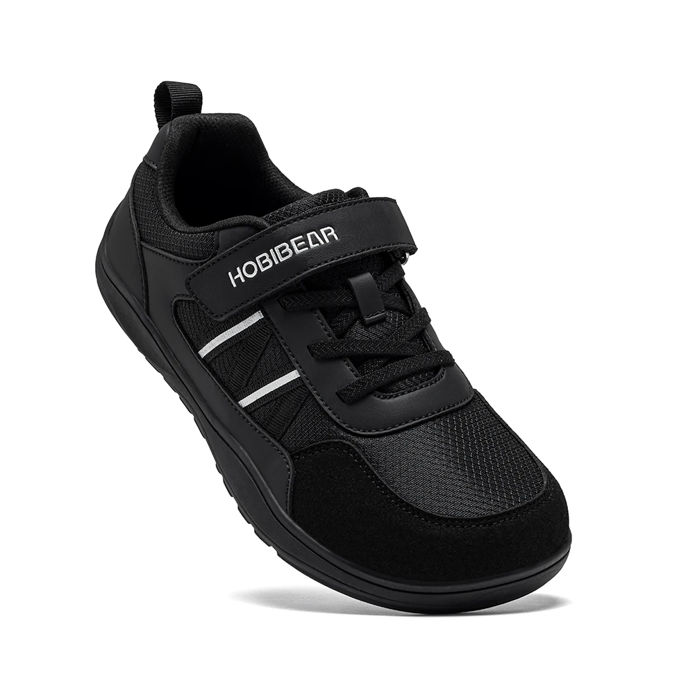 HOBIBEAR Big Kid Wide Width Shoes Barefoot Hook-Loop Artificial Leather Sneakers Lightweight Zero Drop Walking Shoes
