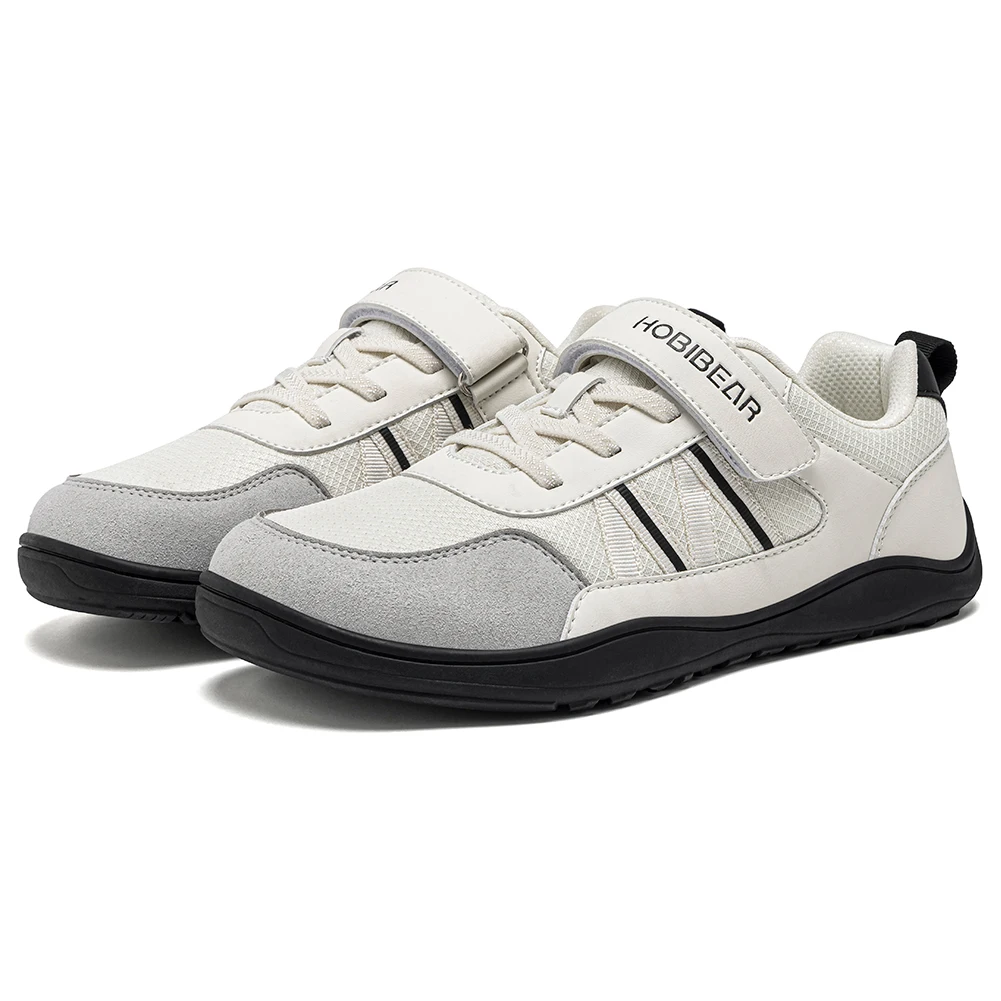 HOBIBEAR Big Kid Wide Width Shoes Barefoot Hook-Loop Artificial Leather Sneakers Lightweight Zero Drop Walking Shoes
