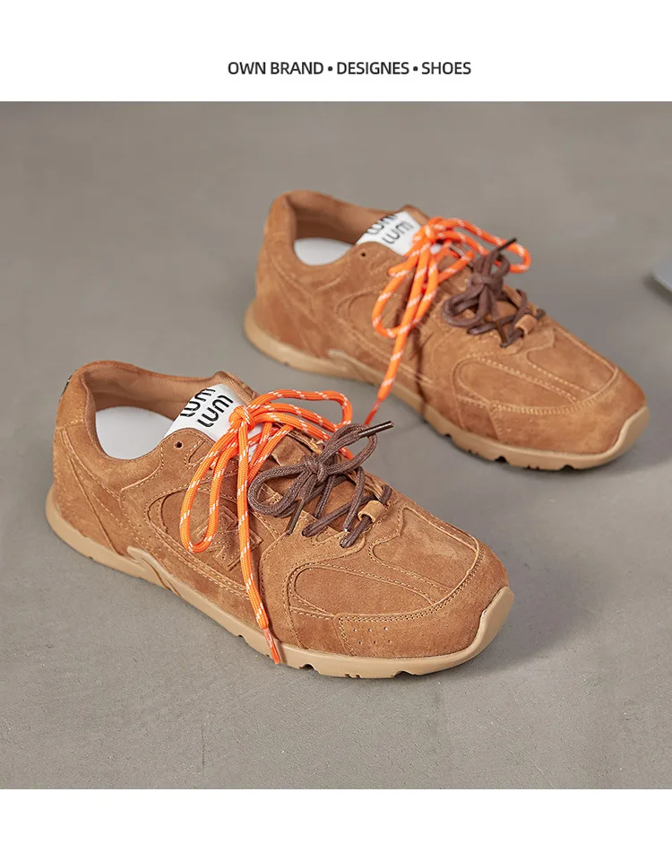 Beige Retro Casual Sneakers For Women Suede Upper With Double Green And Brown Laces Round Toe Comfortable Flat Sole Versatile