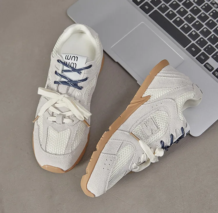 Beige Retro Casual Sneakers For Women Suede Upper With Double Green And Brown Laces Round Toe Comfortable Flat Sole Versatile