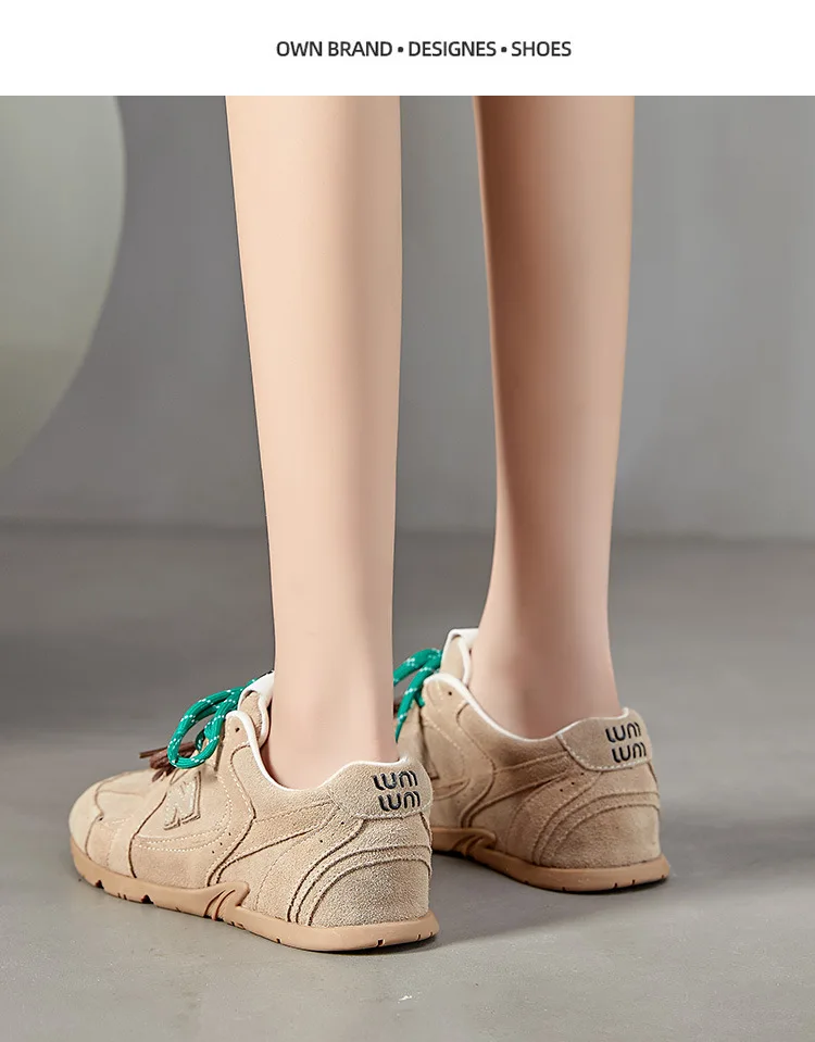 Beige Retro Casual Sneakers For Women Suede Upper With Double Green And Brown Laces Round Toe Comfortable Flat Sole Versatile