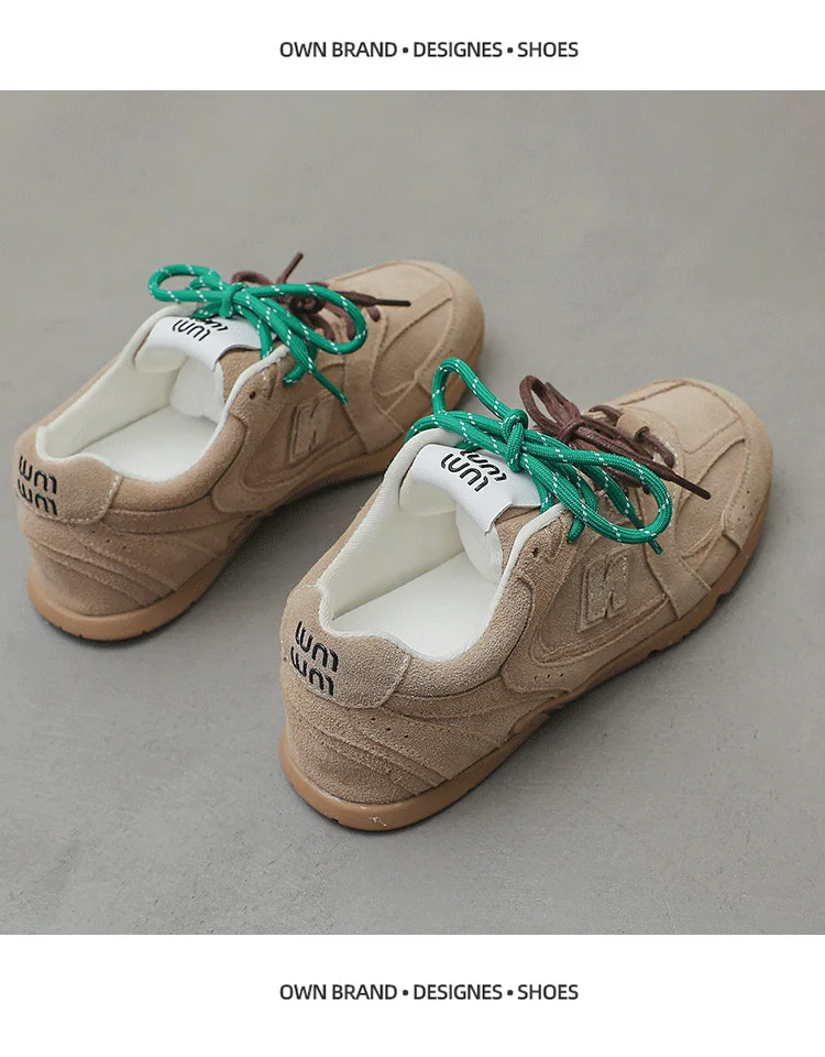 Beige Retro Casual Sneakers For Women Suede Upper With Double Green And Brown Laces Round Toe Comfortable Flat Sole Versatile