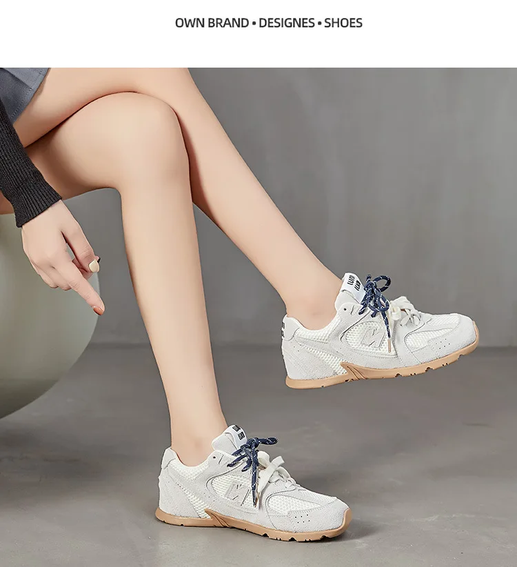 Beige Retro Casual Sneakers For Women Suede Upper With Double Green And Brown Laces Round Toe Comfortable Flat Sole Versatile