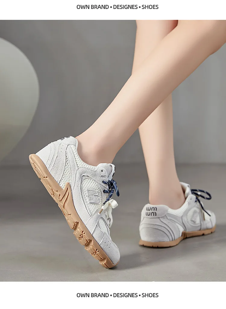 Beige Retro Casual Sneakers For Women Suede Upper With Double Green And Brown Laces Round Toe Comfortable Flat Sole Versatile