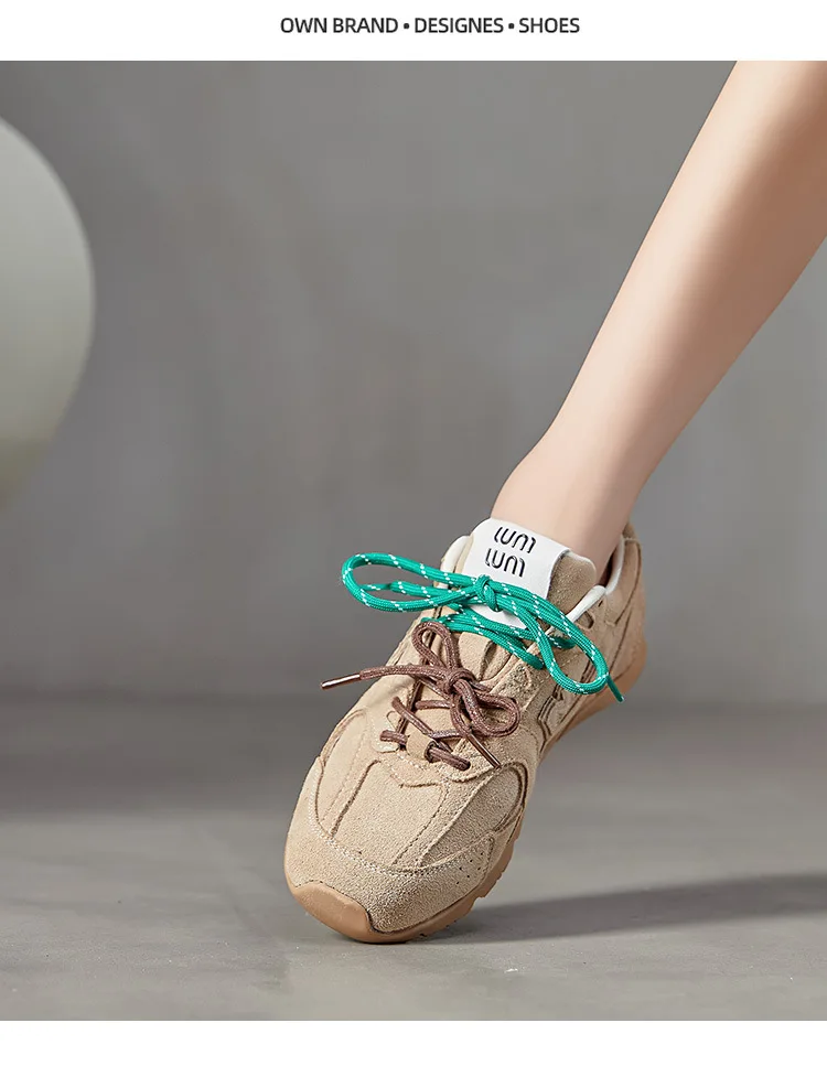 Beige Retro Casual Sneakers For Women Suede Upper With Double Green And Brown Laces Round Toe Comfortable Flat Sole Versatile
