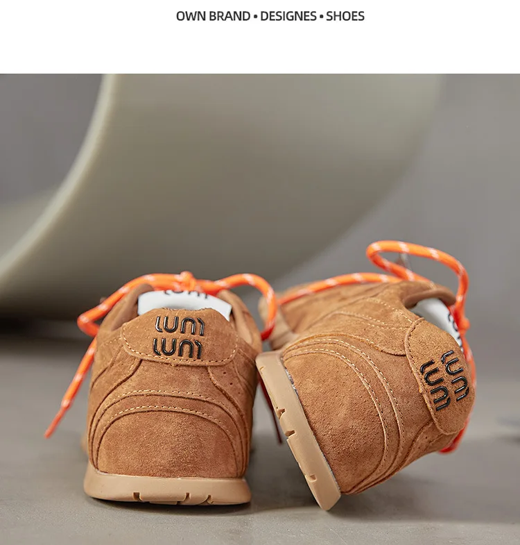 Beige Retro Casual Sneakers For Women Suede Upper With Double Green And Brown Laces Round Toe Comfortable Flat Sole Versatile