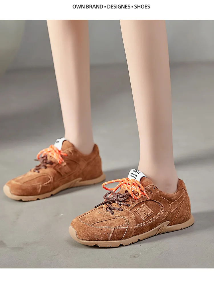 Beige Retro Casual Sneakers For Women Suede Upper With Double Green And Brown Laces Round Toe Comfortable Flat Sole Versatile