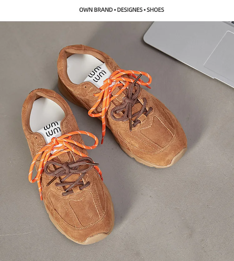 Beige Retro Casual Sneakers For Women Suede Upper With Double Green And Brown Laces Round Toe Comfortable Flat Sole Versatile