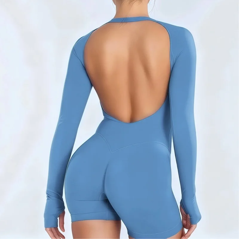 Seamless Long Sleeve One Piece Gym Jumpsuit Women Backless Slim Fit Elastic Shaping Pilates Yoga Fitness Workout Sports Bodysuit