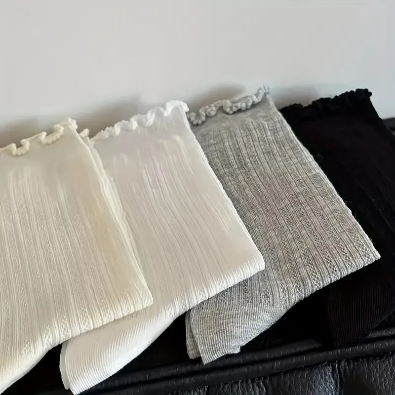 4 Pairs Women Solid Color Mesh Mid Tube Socks Summer Lightweight Breathable Fashionable Wavy Edge Ballet Style Casual Socks