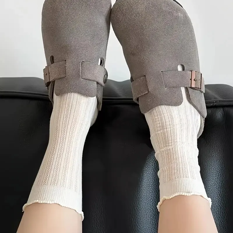 4 Pairs Women Solid Color Mesh Mid Tube Socks Summer Lightweight Breathable Fashionable Wavy Edge Ballet Style Casual Socks