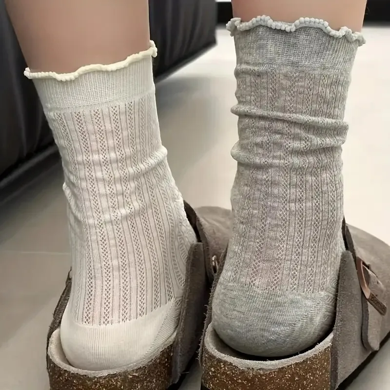 4 Pairs Women Solid Color Mesh Mid Tube Socks Summer Lightweight Breathable Fashionable Wavy Edge Ballet Style Casual Socks