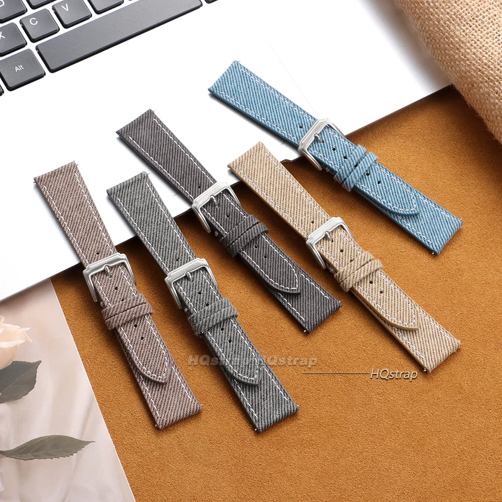 Quick Release Vintage Denim Pattern Watch Band 18mm 20mm 22mm Stitching Cowhide Strap for Seiko Canvas Sport Wrist Bracelet