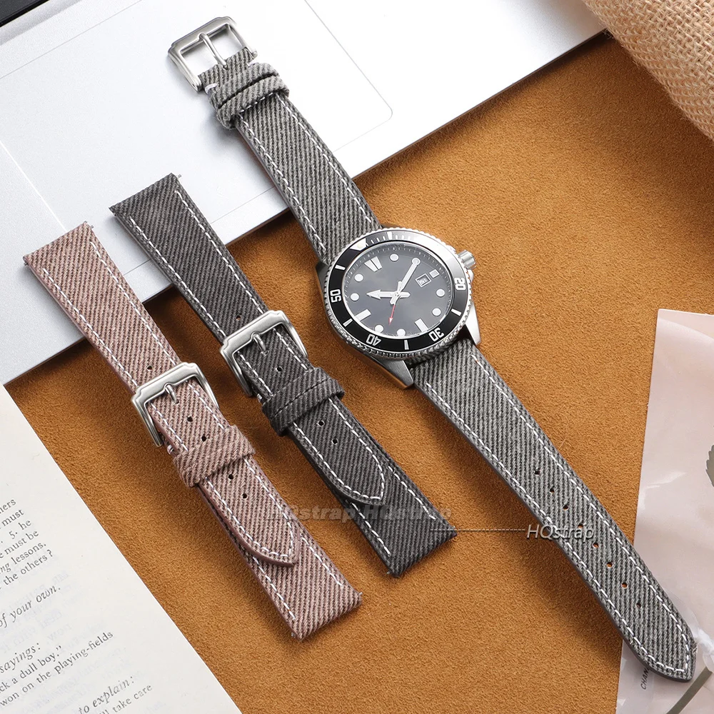 Quick Release Vintage Denim Pattern Watch Band 18mm 20mm 22mm Stitching Cowhide Strap for Seiko Canvas Sport Wrist Bracelet