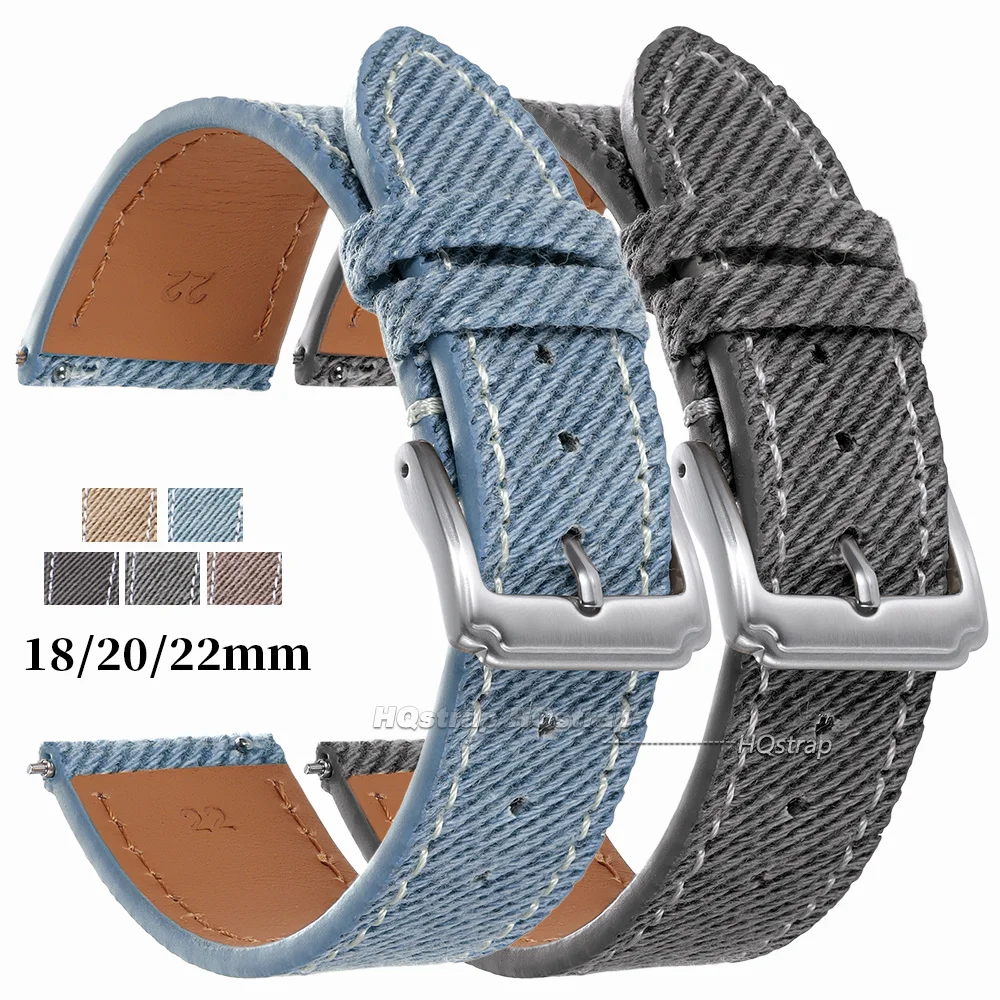 Quick Release Vintage Denim Pattern Watch Band 18mm 20mm 22mm Stitching Cowhide Strap for Seiko Canvas Sport Wrist Bracelet